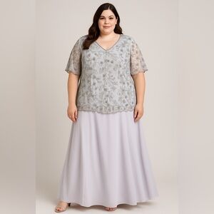 Roamans Silver Beaded Silk 2pc Evening Gown Set‎ Plus Size 28W Top 24W Skirt